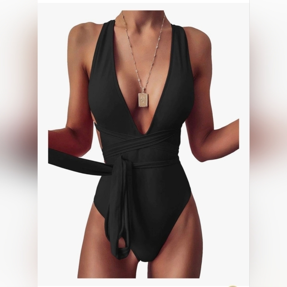 Lilosy Sexy Tie Criss Cross Plunge One Piece #1068 NWOT - Picture 5 of 11